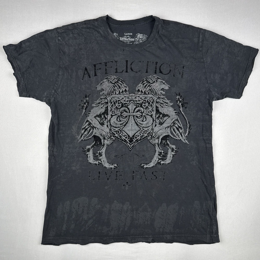 AFFLICTION Live Fast T Shirt Black Cross Distressed Size Large